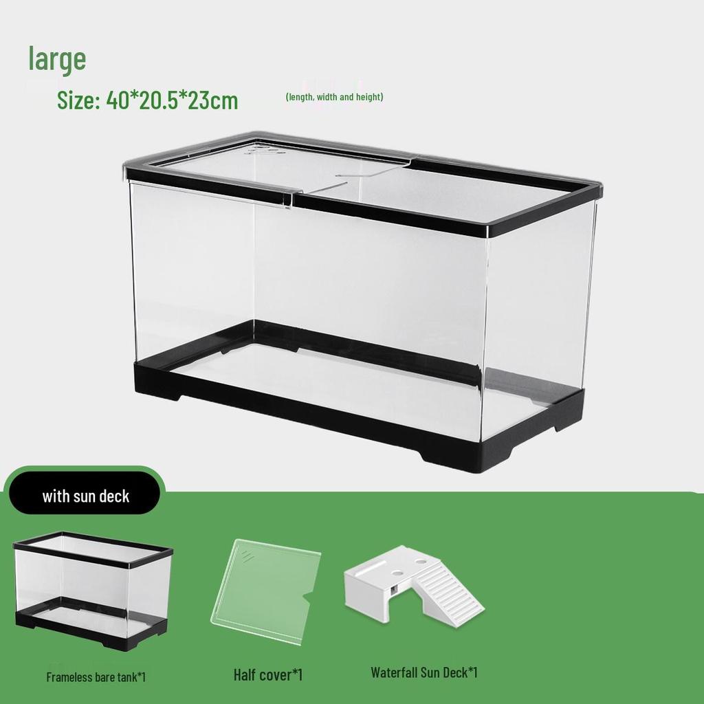 Acvariu Compact pentru Broaște Țestoase cu Platformă de Soare - Habitat Elegant de Birou cu Capac pentru Afișare Ecologică în Sufragerie