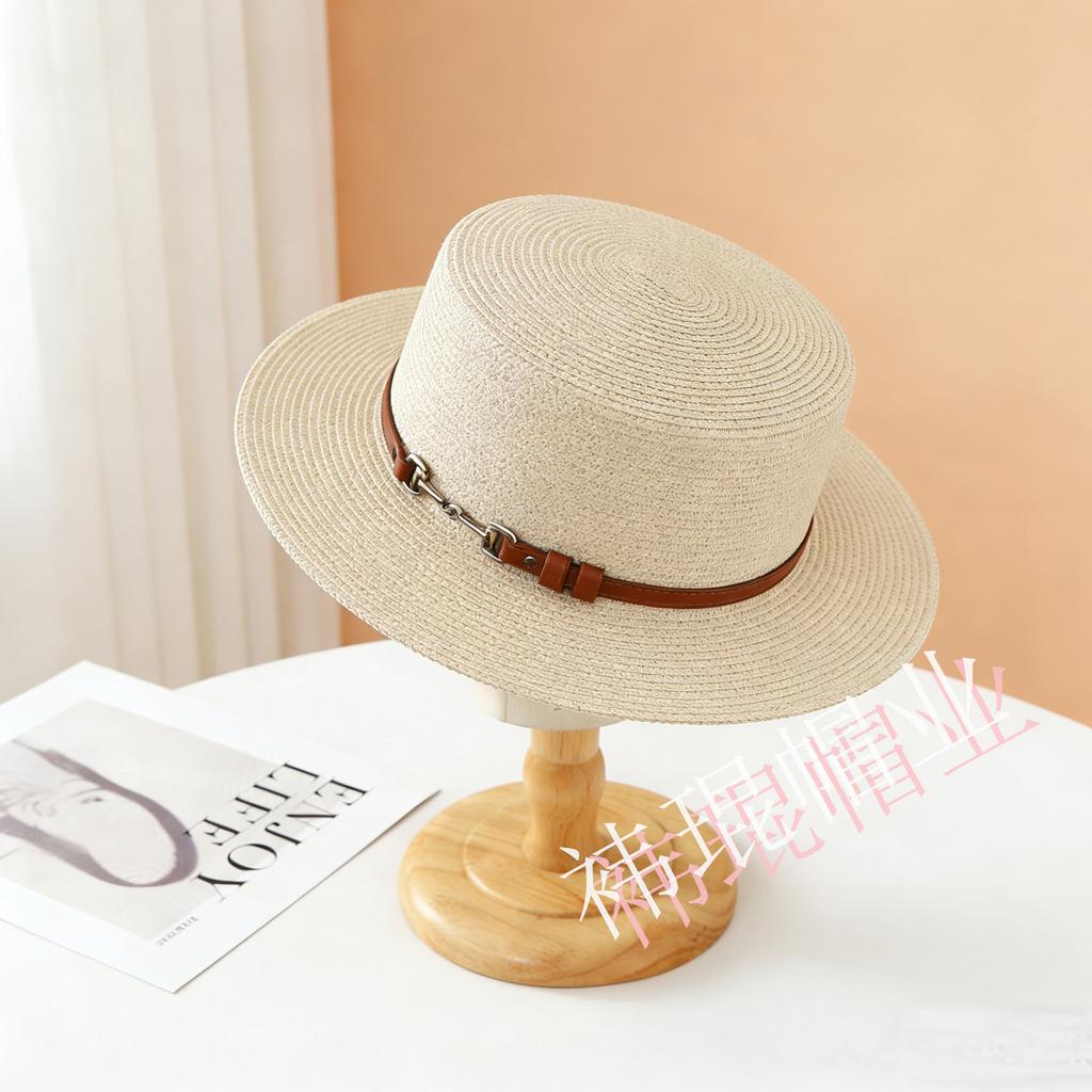 New French Style Flat Top Fashion Belt Decorative Straw Hat Summer Women's Travel Sun Protection Straw Visor Hat