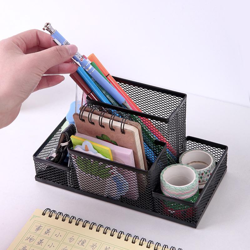 Wrought Iron Four-Compartment Desktop Stationery Organizer - Mesh Divided Pen Holder