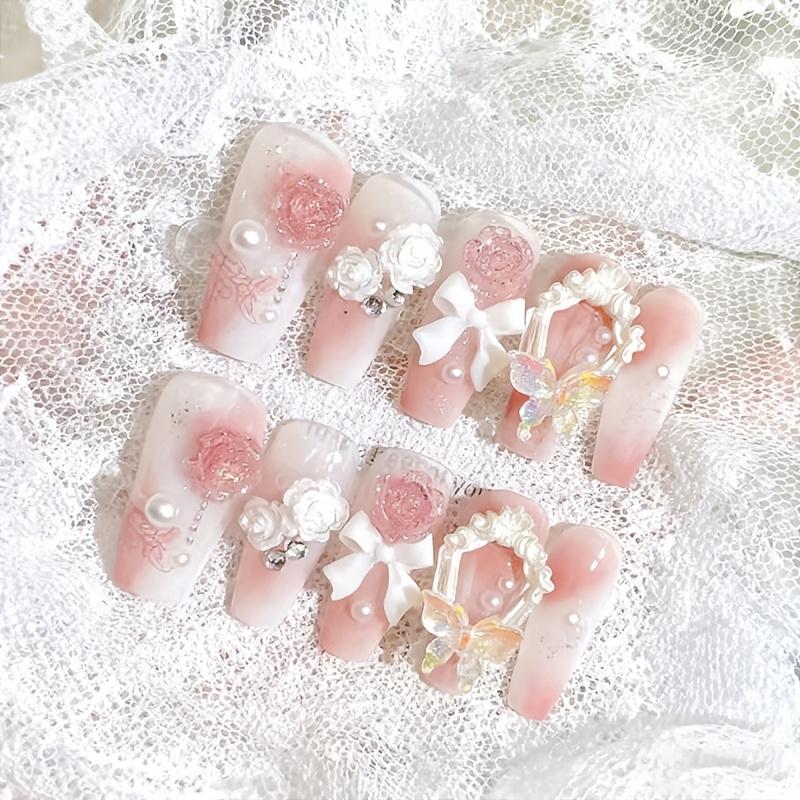 1PC Pink Dream Princess Gradual Change Smudge Flower Bow Handmade Gel Nail Patch