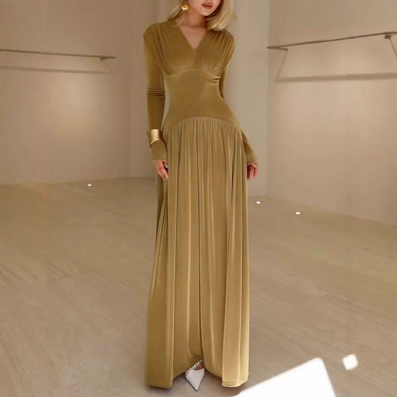 

European and American Foreign Trade Women s Clothing, New Winter Style Elegant Waist-Cinching Long-Sleeve Long Dress, Fashionable Shiny Velvet Dress Dark Khaki XL