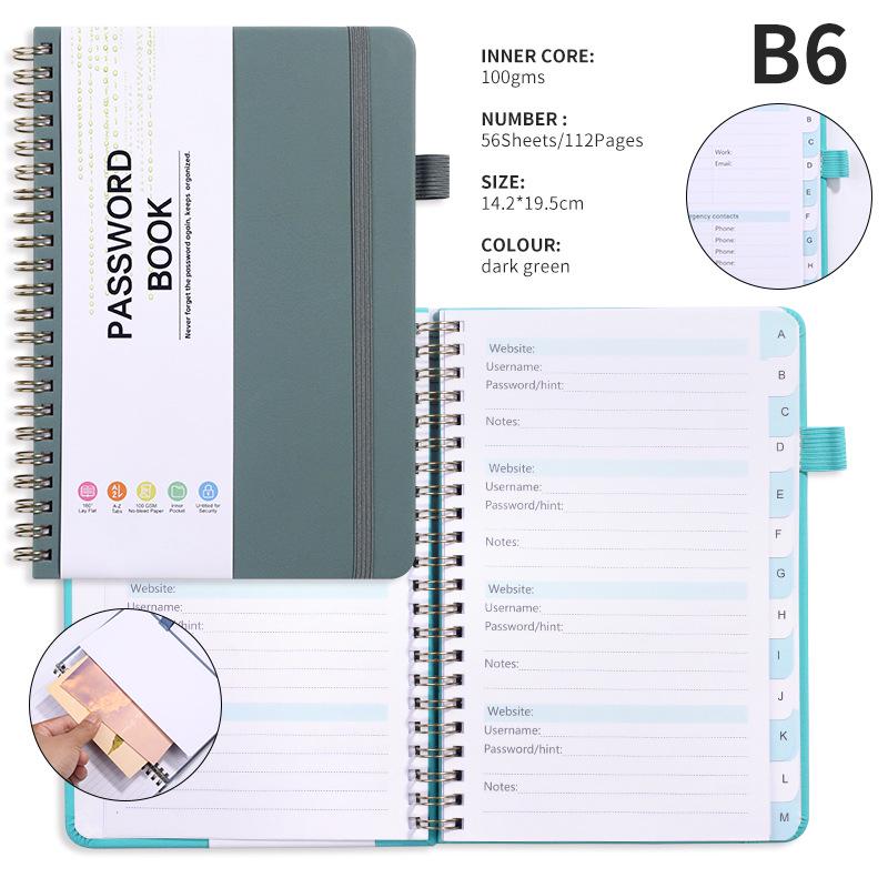 A6 Password Coil Notebook with Custom Letter Tabs & Logo for Business Meetings