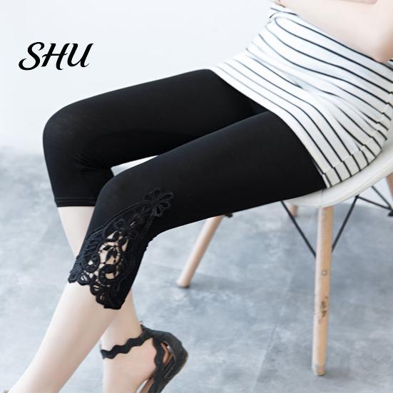 Pantaloni aderenti da donna Leggings corti Vita elastica Ricamo Pizzo Cuciture Elasticizzati Estate Elastici Sottili Aderenti