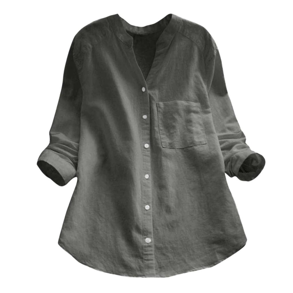 Women's Fashion Casual Vintage Cotton Linen Blouse Loose Color Long Sleeve Blouse Tops