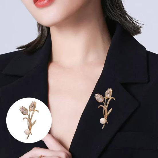 Women Brooch Sparkling Cubic Zirconia Imitation Pearl Decor Tulip Design Lapel Pin Sweater Scarf Holder Jewelry Accessories