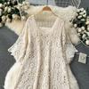 DIMANAF 2026 New Summer Women Long Knitted Dress Sleeve Basic Lace Dresses Casual Loose