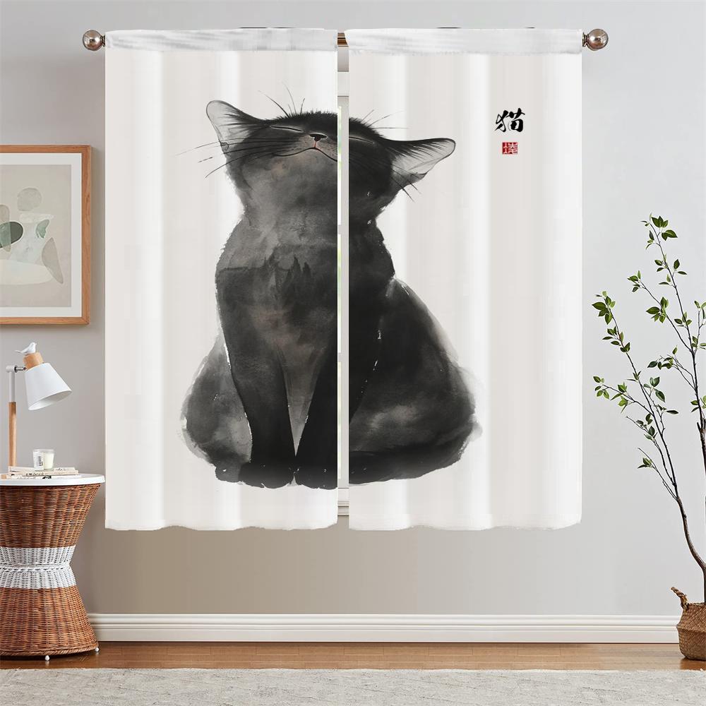 White Curtains for Living Room Ink Cat Painting Curls Kitchen Curtain Tiebacks Short Window Curtains 2 Pcs Set Partition Blinds