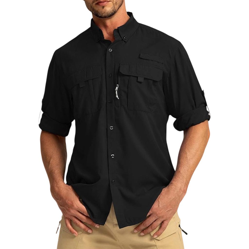 Men's Color Casual Loose Button-Down Collar Faux Pocket Long-Sleeved Shirt