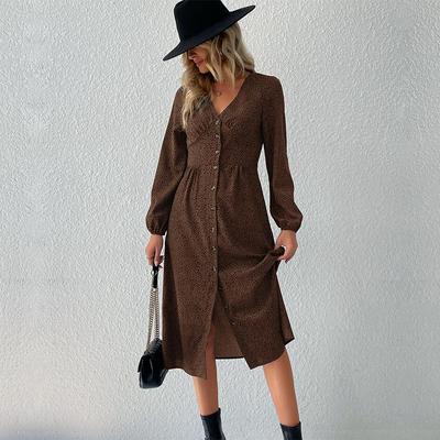 Spring and Autumn Women's Dress Fashion Women Temperament V-neck Single-breasted Long-sleeved Dresses