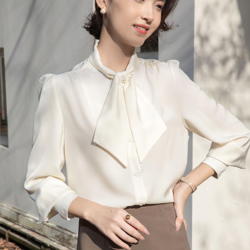 Women's Satin Long Sleeve Shirt with Ribbon Bow and Stand Collar - Spring 2026 Commuting Style.