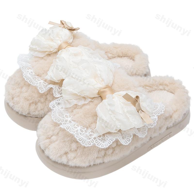Women's Platform Cotton Slippers Winter Bow Knot Non Slip Home Slippers Thicken Warm Lightweight Comfortable Plush Shoes