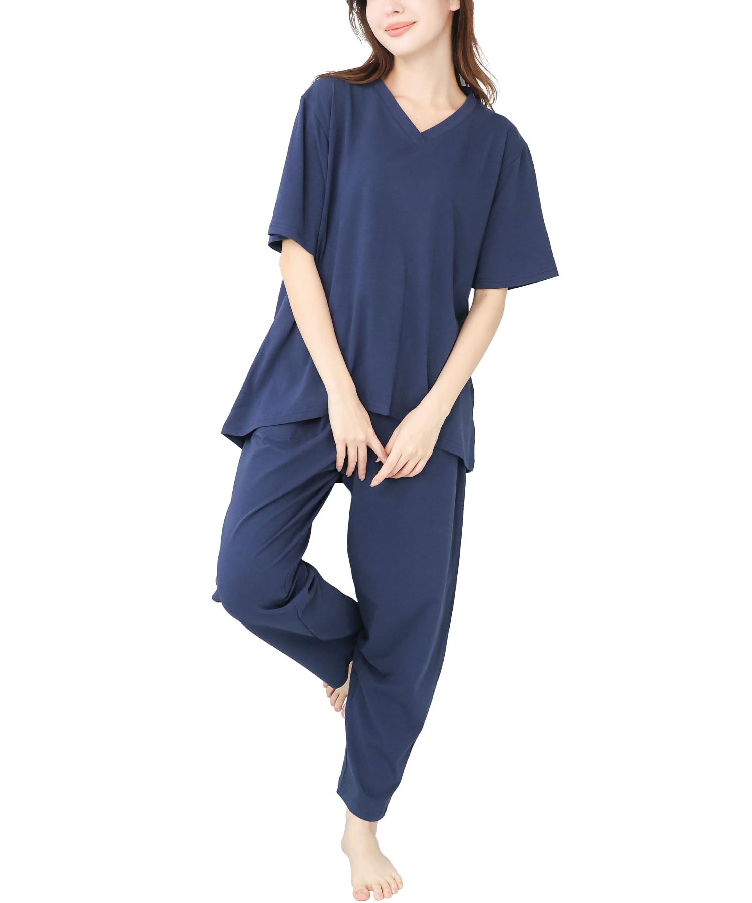 

НА NISHIKI Летний комплект с коротким рукавом, закрывающий хлопковый эластичный трикотаж, топ и низ с брюками, размер женский, ягодицы, 95% (Военно-морской,