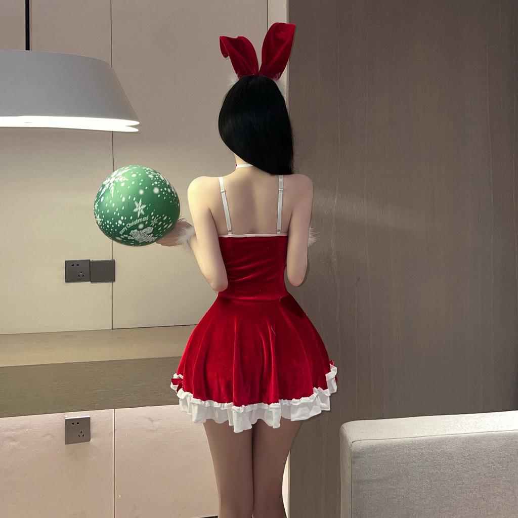 Red Bunny Girl Temptation Dress - Sexy New Year Christmas Lingerie with Removable Battle Robe