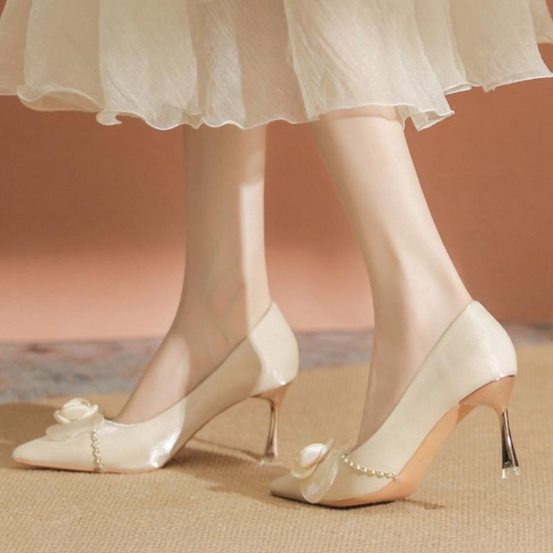 2026 New Spring Autumn Women Flower Chain High Heels Footwear Elegant Thin Heels Pointed Toe Silk Party Lady Pumps Shoe