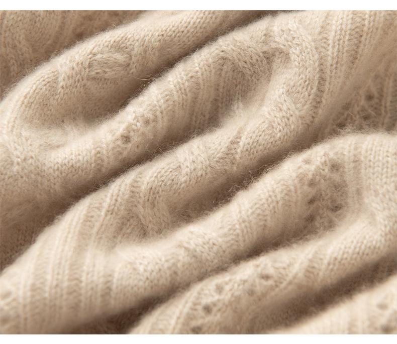 Women's Thickened Hollow-Out Cashmere Cardigan, Round Neck, Button-Up, Long Sleeve Wool Outerwear with Drop Shoulders.