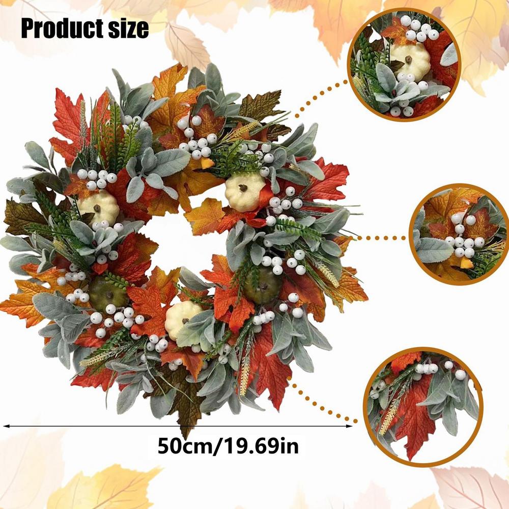 Fall Wreath Harvest Season Decor Maple Leaves Pumpkin Fall Wreath for Thanksgiving Halloween Holiday Mantle Window Wedding Party
