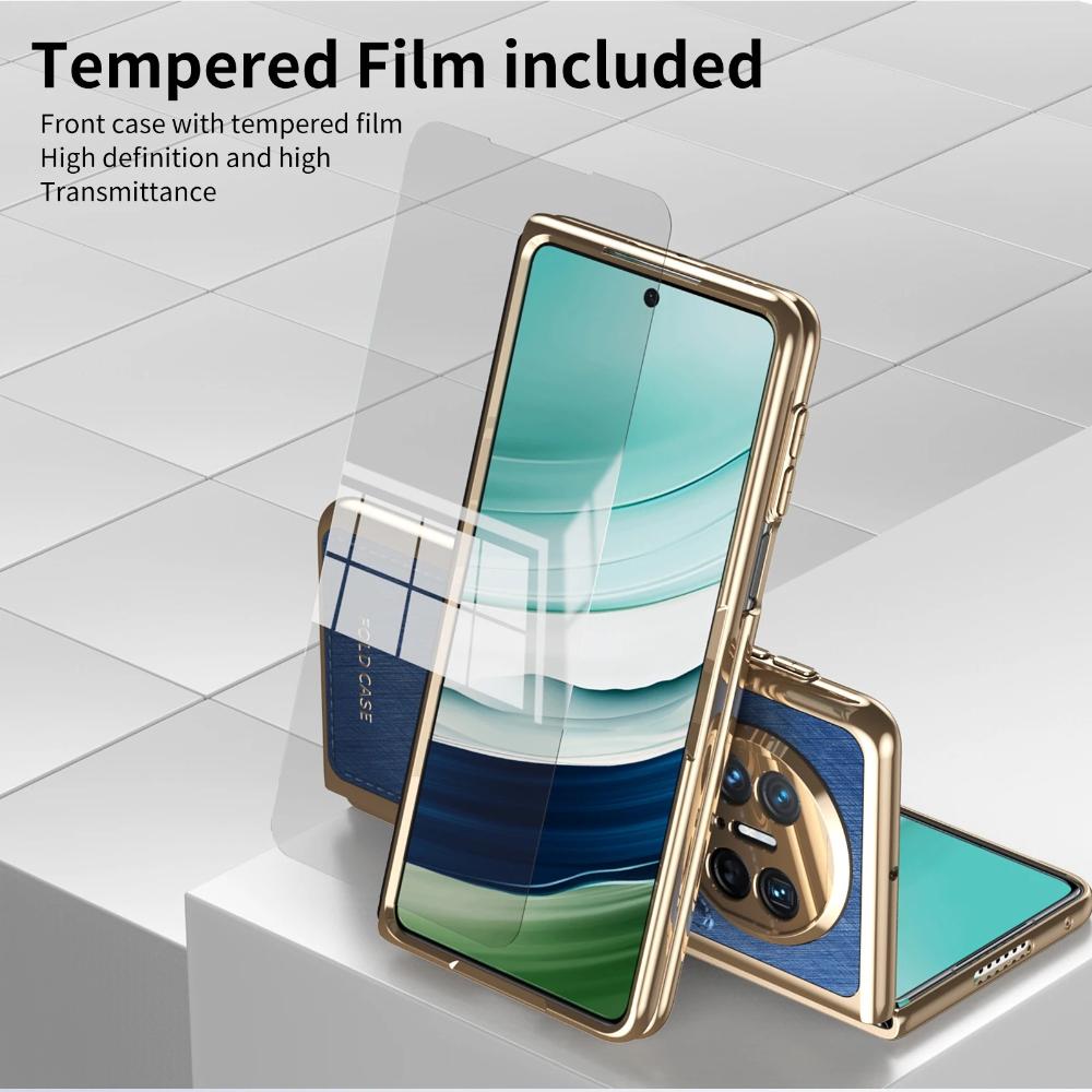 Luxuriöse Goldseiden-Textur Veganes Lederhülle Für Huawei Mate X3 X5 Mit Klarer Hartglas-Displayschutzfolie Galvanisierte Abdeckung