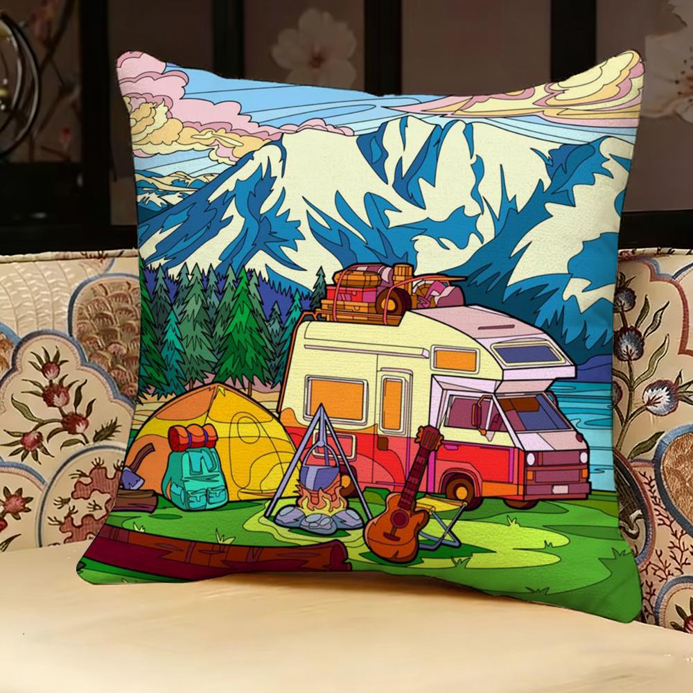Happy Camper Cartoon House Pillow Case Pillowcase, Double-sided Printed, Sofa Cushion, Bedroom Headboard Pillow