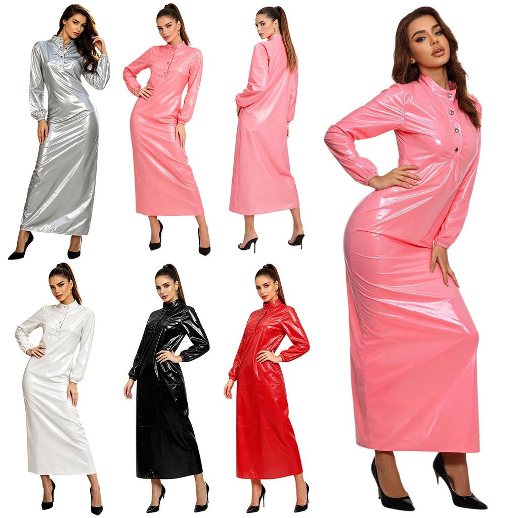 Knopfleiste Stehkragen Langarm Vinyl Überwurf Kleid Wasserdicht Nachtwäsche Badebekleidung Clubwear für Damen Rave Party