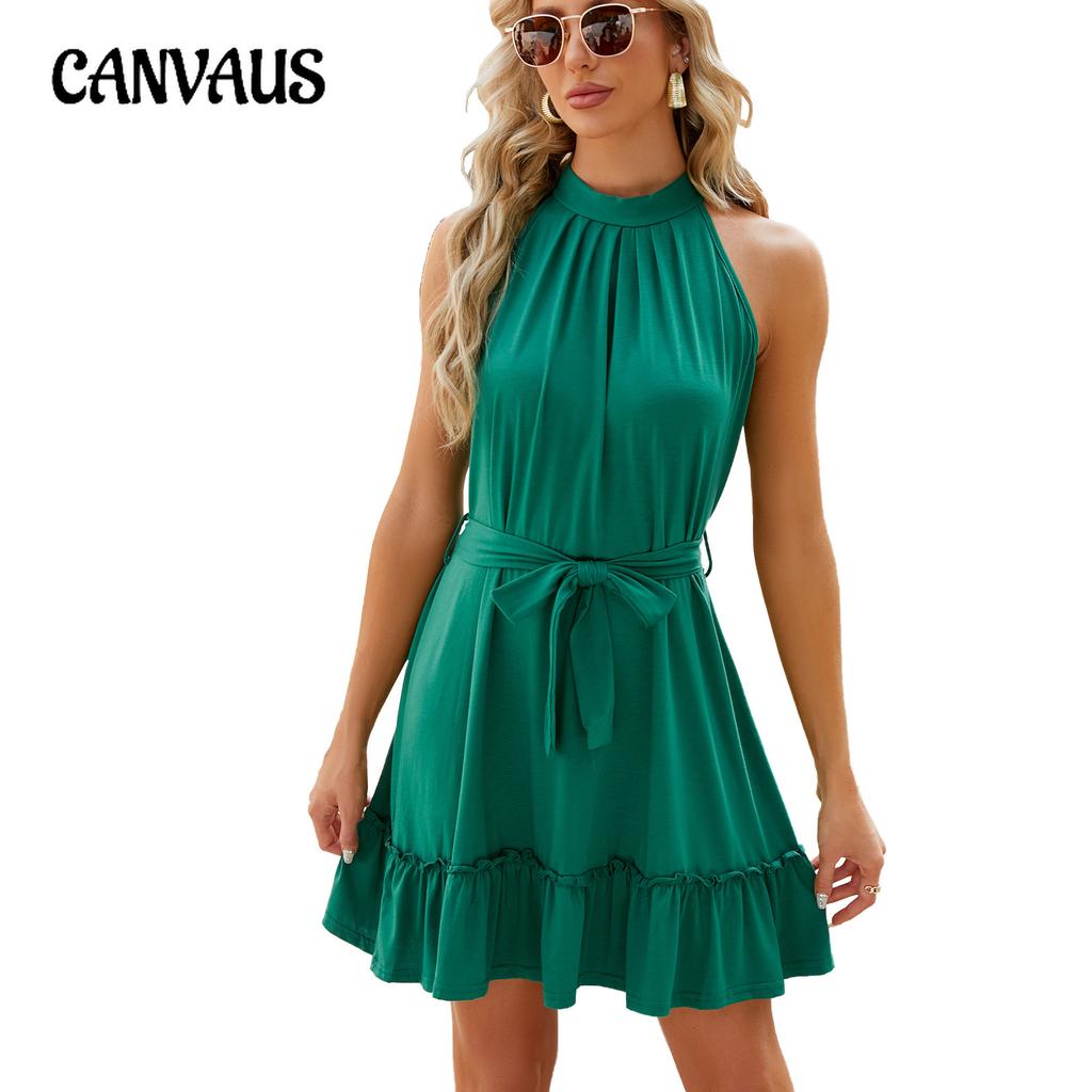 Spring and Summer Solid Color Loose Waist Sleeveless Round Neck Tie Dress for Women