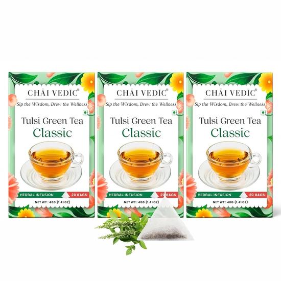 Samaara Chai Vedic Tea | Tulsi Green Tea Classic | 20 Tea Bags | Pack of 3