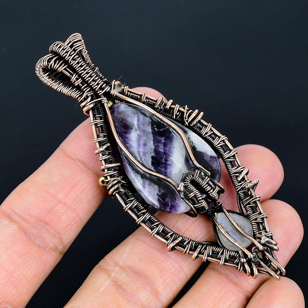 Salvia ametist & Månsten Hänge, Ädelsten 999 Koppartråd Lindat Smycke Hänge, Handgjort Smycke Födelsesten Hänge, Gåva Till Honom