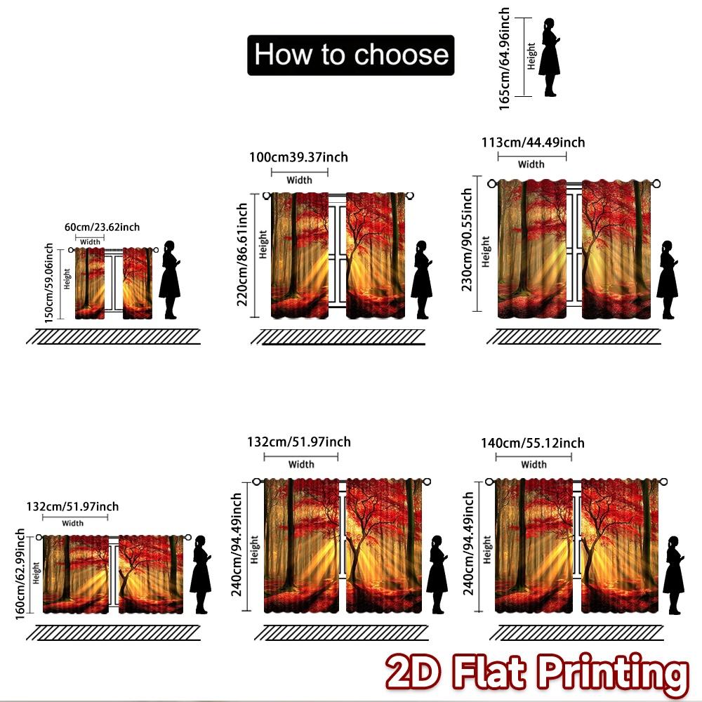 2D Flat Printing 2pcs Scene Curtains Autumn Forest Rays Digital Printed Polyester Drapes Family Party Decoration Perfect for