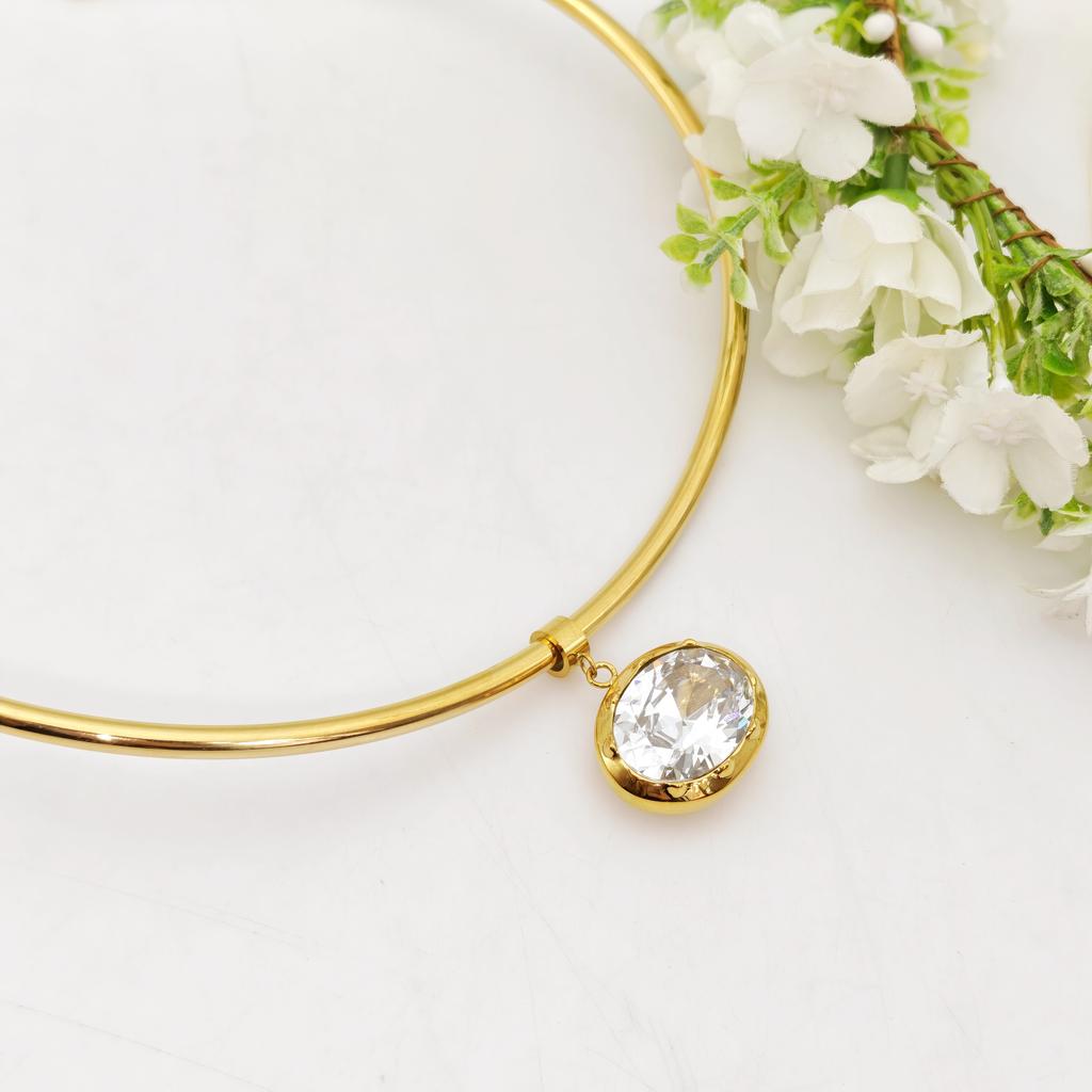CE Certificate Stainless Steel PVD 18k Gold Plated AAA Oval Zircon Pendant Open Choker Cuff Torque Necklace East West Jewelry
