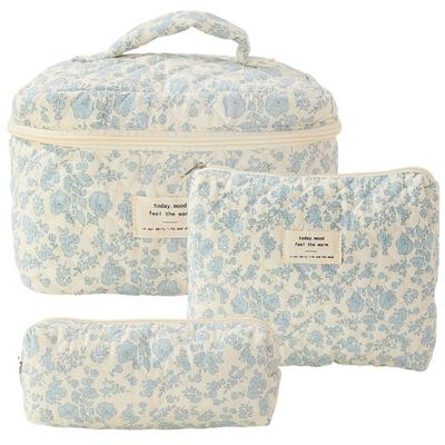Trousse de maquillage en coton matelassé pour femme, jolie trousse de toilette portable à fermeture éclair, organiseur de cosmétiques