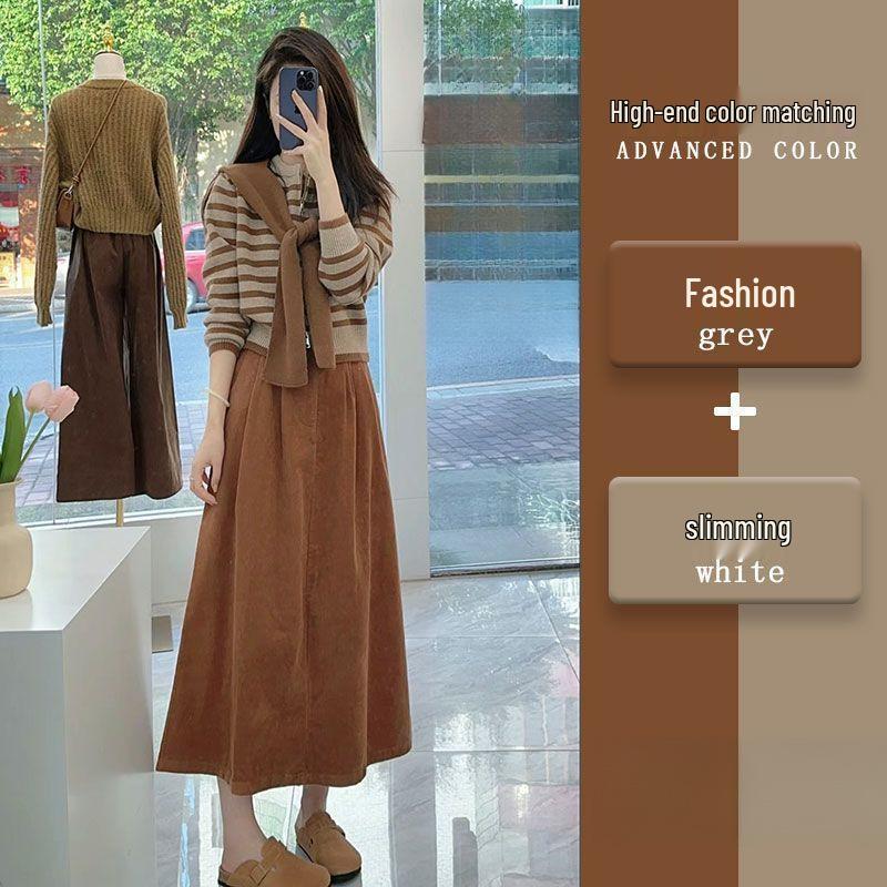 

2025 Women s Spring Fashion: Slim Patchwork Sweater & High-Waisted Skirt Set 80-95 lbs Recommended