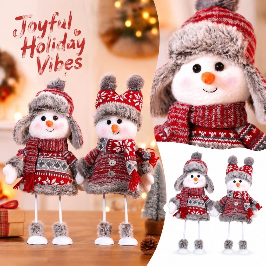 Rocking Christmas Snowman Figurine with Red Knitted Ear Flap Hat for Holiday Tabletop Decor and Gift