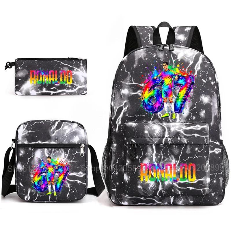 CR7 Ronaldo Backpack Football 67 Print School Bag With Shoulder Bag & Pencil Case For Student Boys Gift Daily Travel Rucksack