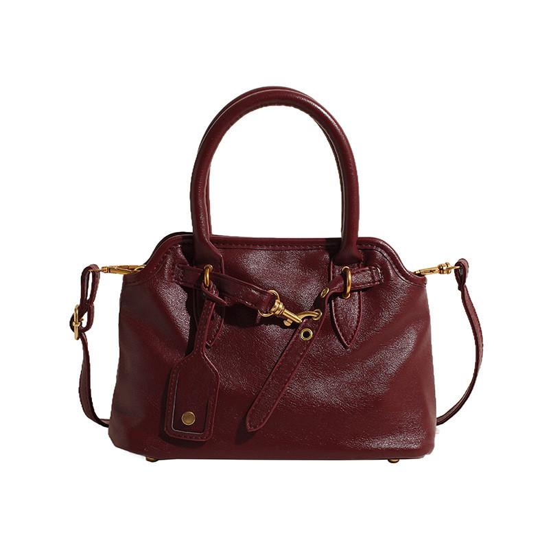 

Vintage Large Capacity Tote Bag For Women With Solid Color Golden Buckle Decoration For Daily Use Small бордовий