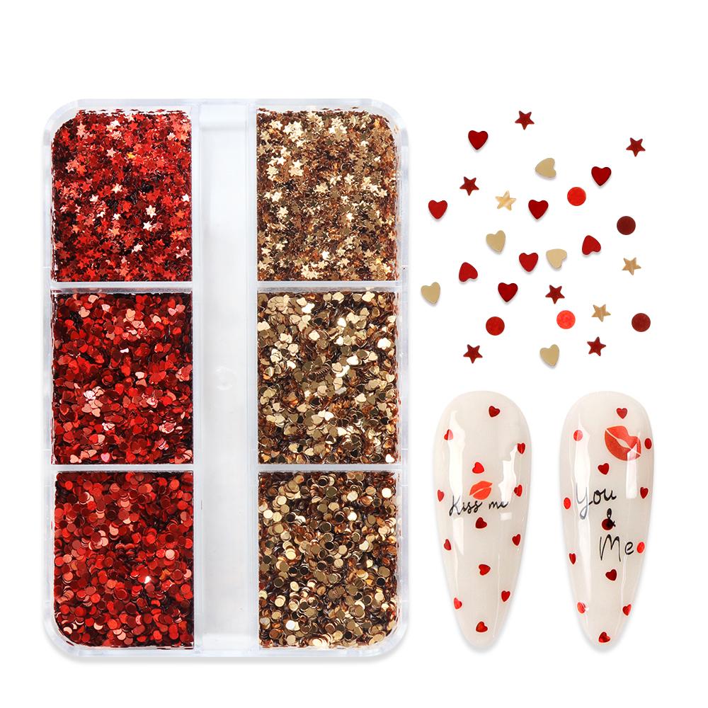 

1 коробка красных золотых звезд, сердечек любви, пайеток для нейл-арта, рождественское украшение для DIY, дизайн для женского нейл-салона, праздничные детали для ногтей, принадлежности для ногтей