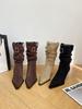 Retro Suede Pointed High-heeled Pleated Piled Boots Women's 2025 Autumn and Winter New Belt Buckle Medium Tube Temperament Martin Boots