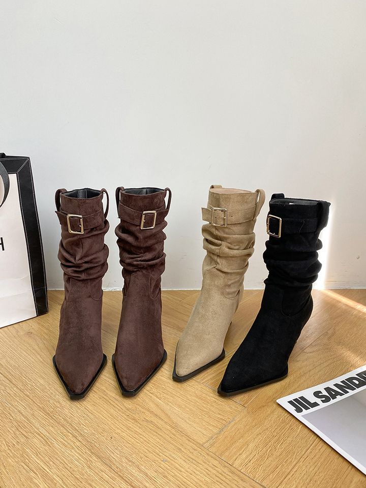 Retro Suede Pointed High-heeled Pleated Piled Boots Women's 2025 Autumn and Winter New Belt Buckle Medium Tube Temperament Martin Boots