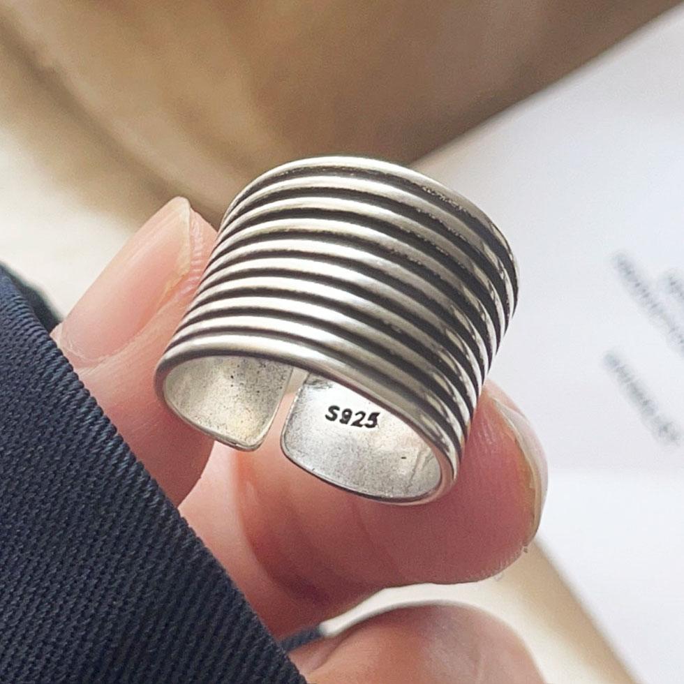 925 Sterling Silver Rings For Women Geometric Fine Jewelry Finger Adjustable Vintage Wide Strip Ring For Party Birthday Gift
