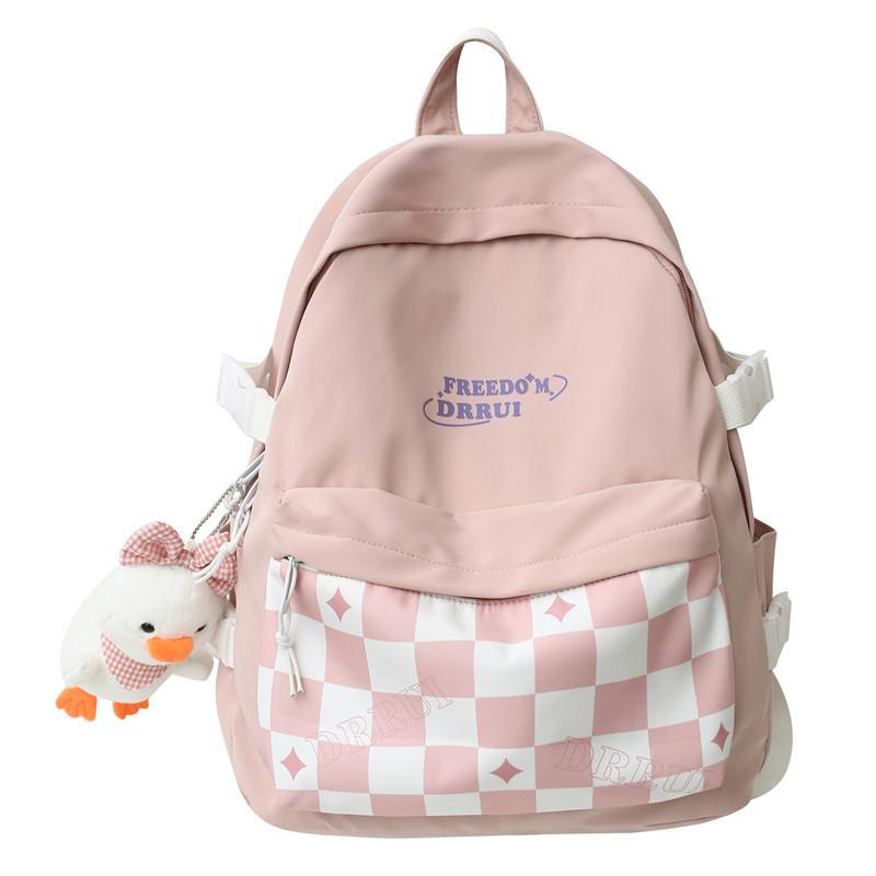 Simplified Checkered Letter Pattern Student Backpack With Plush Pendant For Middle School Students
