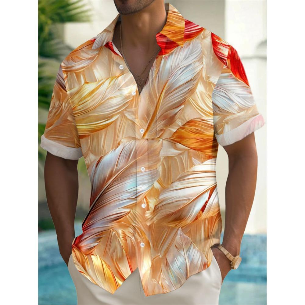Summer Men's Shirt 3D Print Colorful Feather Short Sleeve Turndown Hawaiian Shirt Button Up Shirts No Pockets Shirts for Women