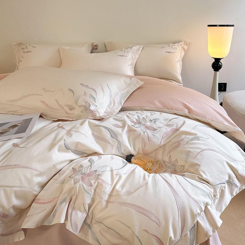 Set di biancheria da letto di lusso 4 pezzi in cotone a fibra lunga 100S, Copripiumino Ricamato 100% Cotone con Lenzuolo Sotto, Ultra Morbido e Liscio per Dormire a Pelle