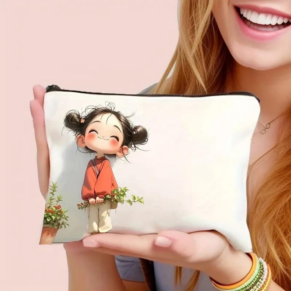 Unique Canvas Makeup Bags Zipper Closure Cute Girl Pattern Girls Cosmetic Pouch Large Capacity Storage Handbag Girls