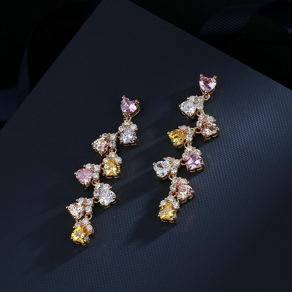 copper Exquisite Zircon Color Love Long Earrings Tassel Luxurious Temperament Colorful Zircon Stud Earrings Party Gift