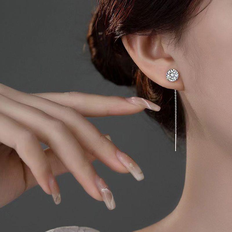 Real 925 Silver 5/7MM Round Zircon Short Tassel Stud Earrings For Women Classic Fine Jewelry Light Luxury Accessories