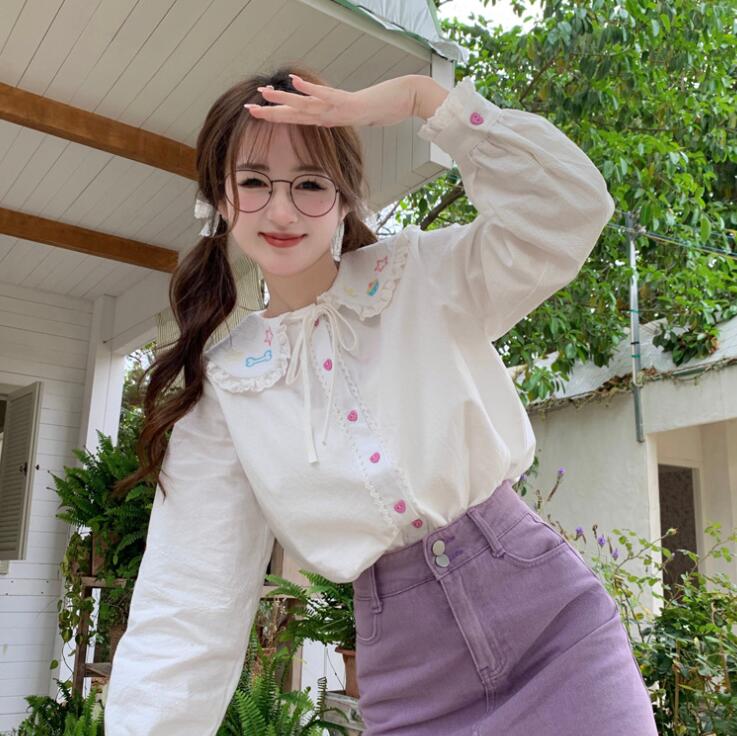 Japanese Cute Doll Collar Lace Lace Jk Shirt Female Spring and Summer Retro Long Sleeve Blouse