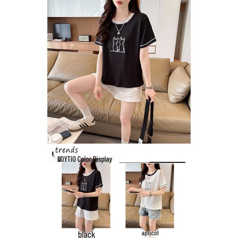 W3T Women's Cat Print Slimming Short Sleeve Summer T-Shirt