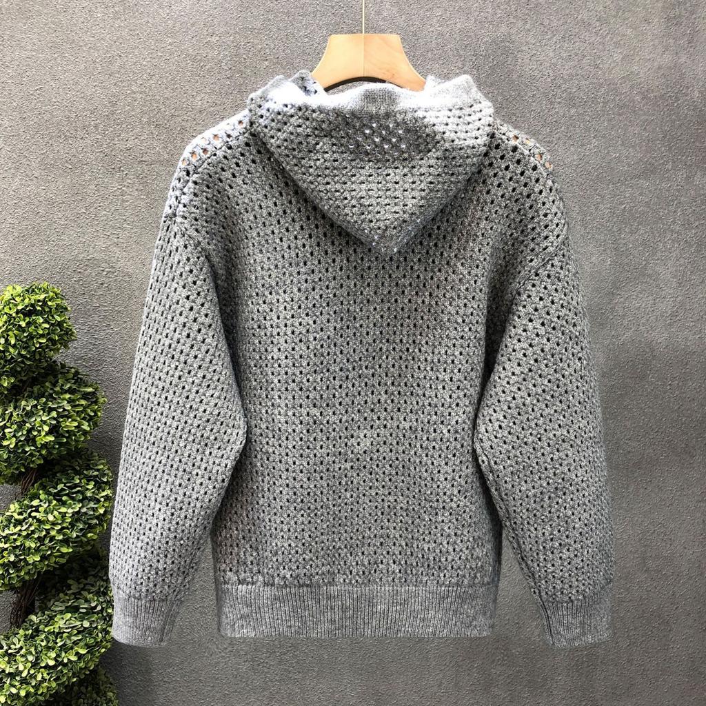 Men's Casual Solid-color Cutouted Hooded Cardigan Knitted Sweater Coat