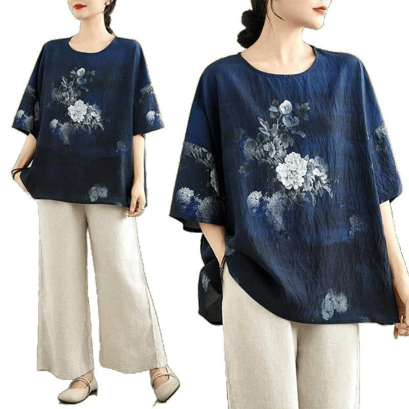 Large Size Retro Cotton and Linen Printed Half-sleeved T-shirt Women's Summer Loose Fat Mm Cover Belly and Thin Western Style Top