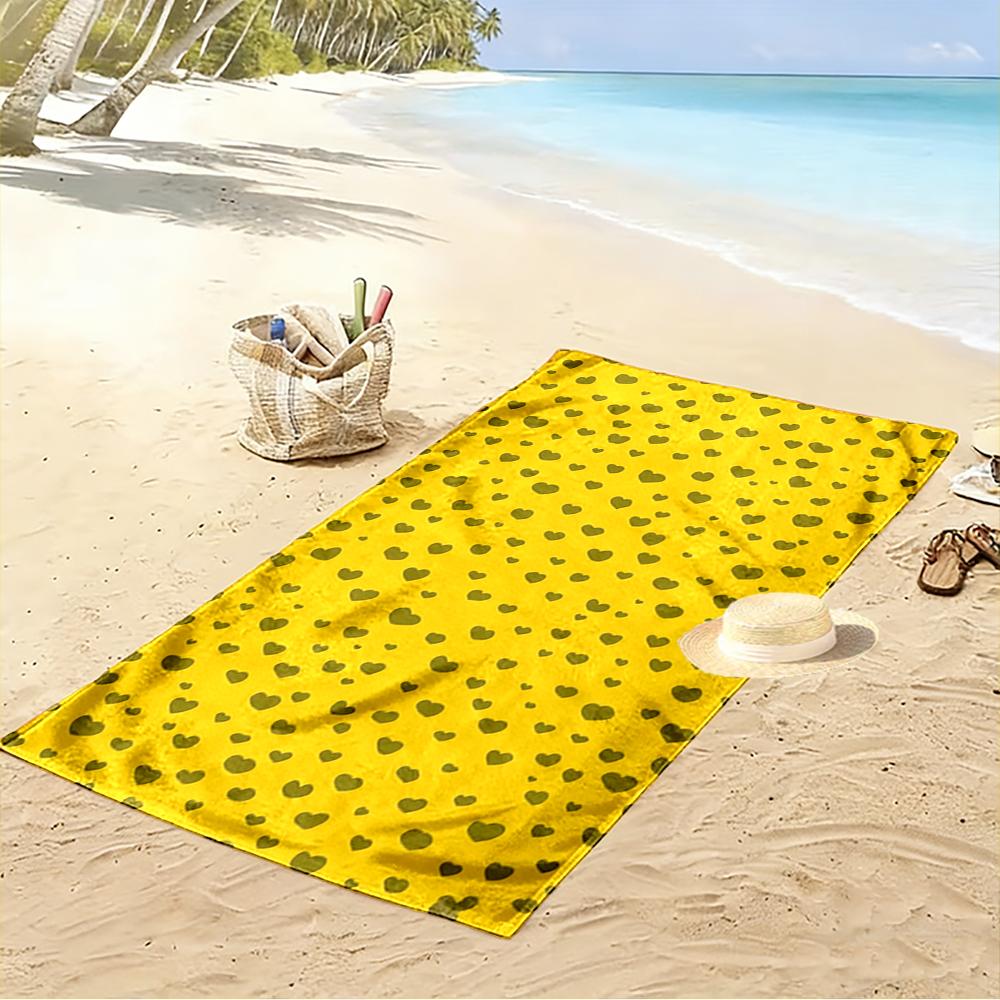 Yellow Towel with Green Heart Pattern Beach towel quick-drying for travel outdoor sports jogging beach and swimming