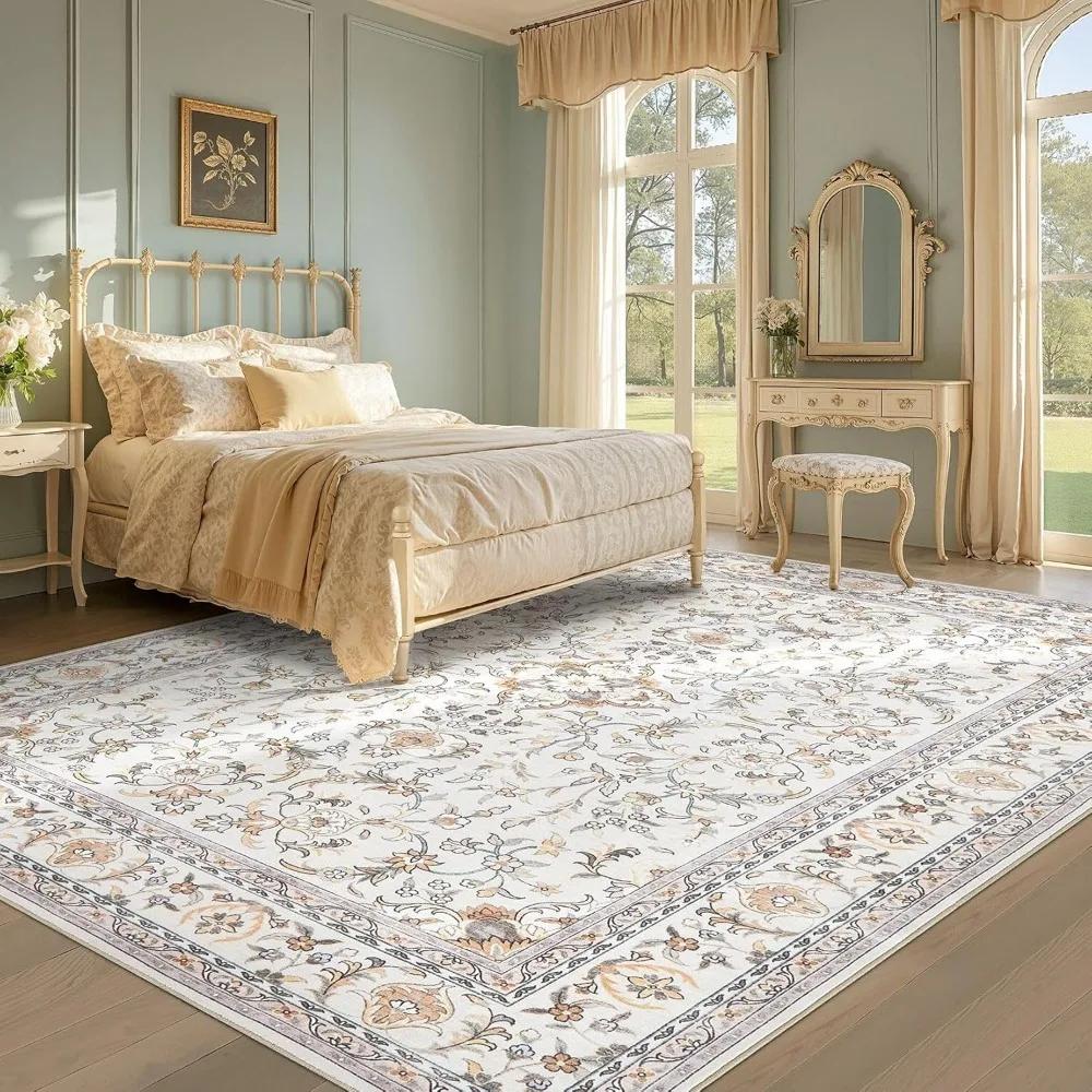 Crystal velvet carpetArea Rug Living Room Rugs: Washable Vintage Floral Oriental Farmhouse Large Thin Indoor Carpet for Bedr