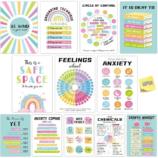 Fuwane 12Pcs Mental Health Posters, 10 X14  Therapy Office Decor, Counseling Offices Must Haves School Classroom Office Wall Art Decor Mental Health